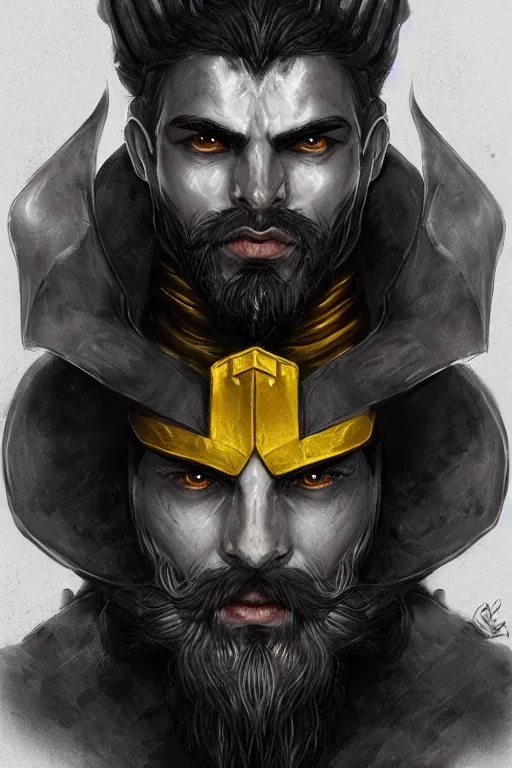 Prompt: Arab man light beard, curly hair, knight, hero, leather armor, yellow and charcoal, character concept art, costume design, black eyes, white horns, trending on artstation, Artgerm , WLOP