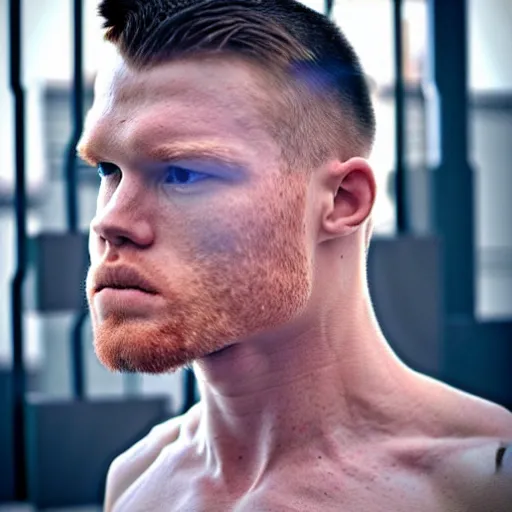 Image similar to “a realistic detailed photo of a guy who is an attractive humanoid who is half robot and half humanoid, who is a male android, boxer Canelo Álvarez, shiny skin, posing like a statue, blank stare”