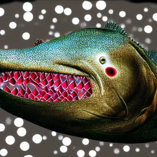 Image similar to A fish with jeweled teeth, the mouth is wide open, inside the mouth is a vegas casino