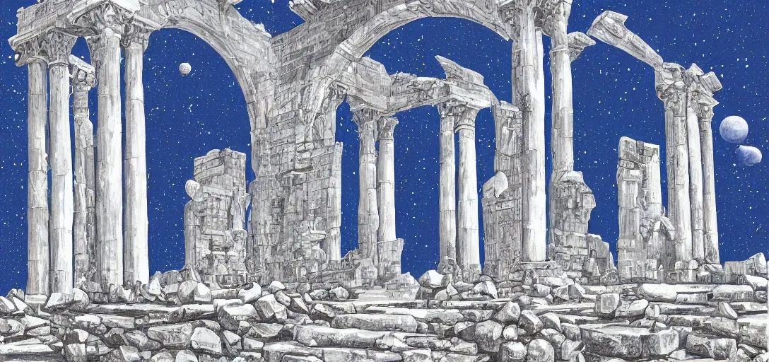 Image similar to The ruins of the Silver Millennium on the moon from Sailor Moon, digital painting, Earth in the distance, Greek-esque columns and ruins