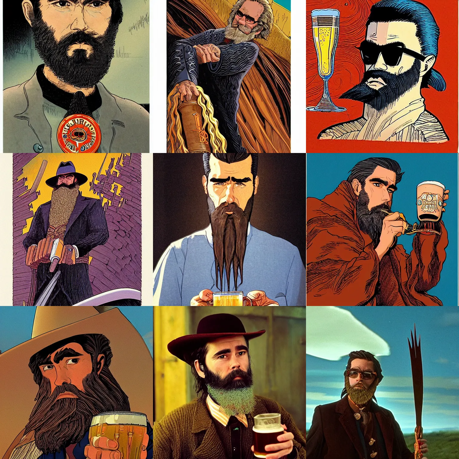 Prompt: Jean Giraud style long black forked braid beard thick eyebrows colin farrel drinking a pint of beer