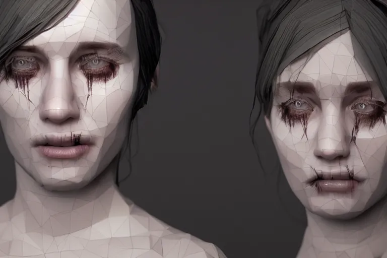Prompt: crazy glitchy buggy uncanny valley strange low poly render of 3 d sad crying soulless lifeless psychopathic angry depressed beautiful young woman portrait, featured on artstation, cgsociety, unreal engine, volumetric lighting, rtx on, vibrant, grainy, vhs footage still, intricately detailed, award - winning, atmospheric, ambient, symbolic, artistic