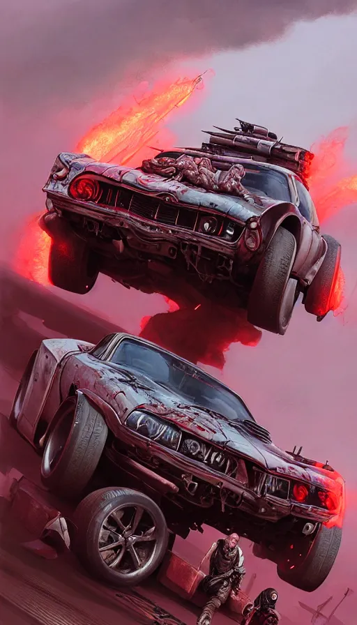 Prompt: road warrior, gemma chan girl, carmageddon, muscle cars, weapons, mad max, blood drive, made by stanley artgerm lau, wlop, rossdraws, james jean, andrei riabovitchev, marc simonetti, yoshitaka amano, beksinski artstation, cgsociety