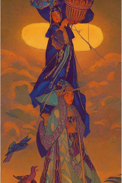 Image similar to queen of the dawn with her lantern and birds, by Nicholas Roerich and Gaston Bussière, elaborate headdress and embroidered velvet, iridescent beetles, rich color, dramatic cinematic lighting, extremely detailed