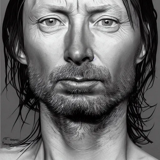 Image similar to hyper realistic portrait of smooth old thom yorke hairless, variations singer songwriter ok computer, ( side ) profile, liminal space, by lee bermejo, alphonse mucha and greg rutkowski, no beard, smooth face