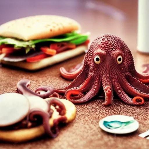 Image similar to octopus made of steel eating fastfood, 5 5 mm