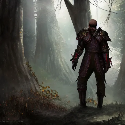 Image similar to high depth, published concept art, dragon age origins bioware morigan standing tall in forest with soft lighting