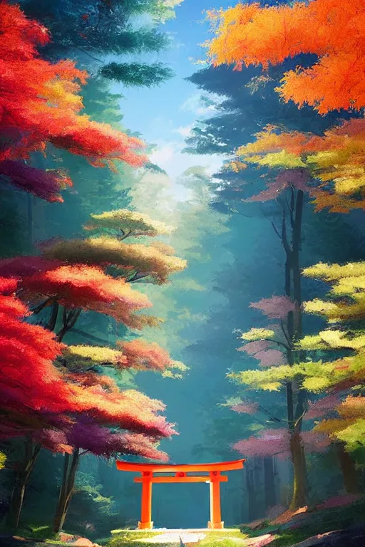 Image similar to Japanese Torii in a colorful moutain with COLORFUL trees ,morning , by studio ghibli painting, superior quality, masterpiece, by Grzegorz Rutkowski, concept art