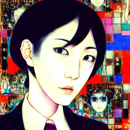 Image similar to yoshitaka amano blurred and dreamy realistic three quarter angle portrait of a young woman with short hair and black eyes wearing office suit with tie, junji ito abstract patterns in the background, satoshi kon anime, noisy film grain effect, highly detailed, renaissance oil painting, weird portrait angle, blurred lost edges