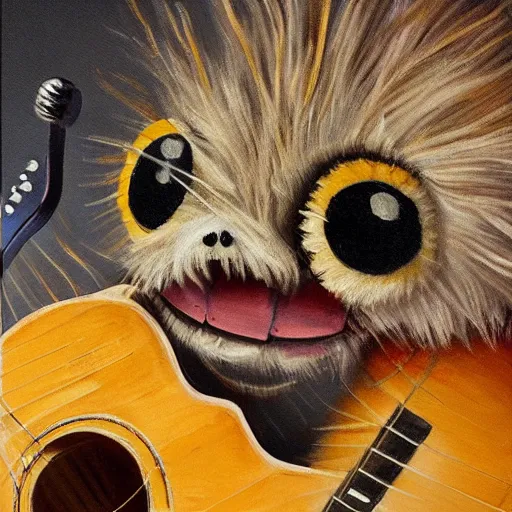 Image similar to medium shot, cute lucas the spider, fluffy spider, plays the guitar, 3 d art, oil painting