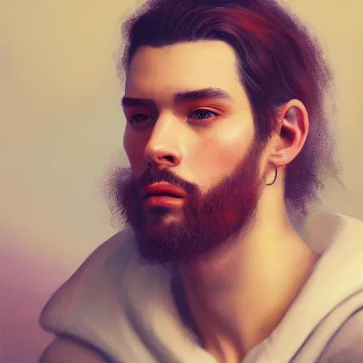 Prompt: a beautiful man, aesthetic, oil painting, pale colors, high detail, 8 k, wide angle, octane render, trending on artstation,