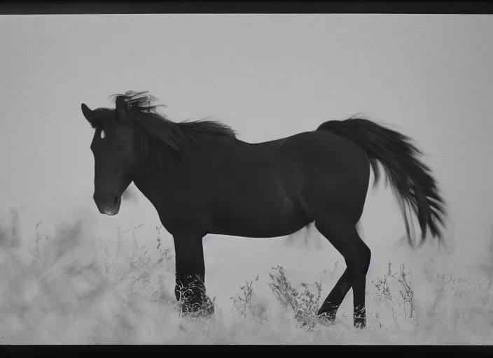 Image similar to an underexposed kodak 500 photograph of morphed north horse, muted color