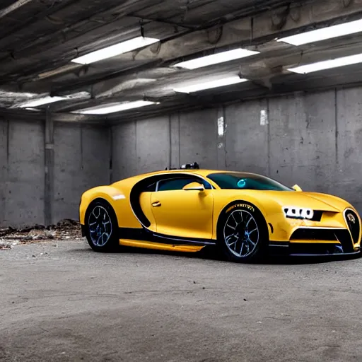 Image similar to an abandoned, derelict, rusty bugatti chiron in a dirty warehouse