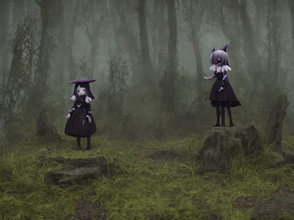 Prompt: cute gothic fumo plush witch girl ventures deep into the forbidden forest, malevolent glowing magical energy, ancient overgrown pagan monument summoning circle, volumetric fog and smoke, the bog of dark abyss, vray