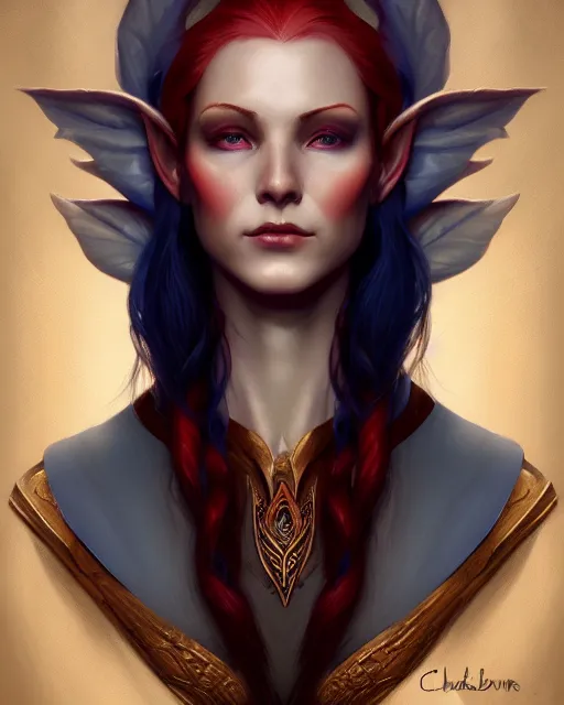 Prompt: a detailed matte oil on canvas head on symmetrical portrait of a distinguished elven woman with red blue hair by charlie bowater, lise deharme, wlop, trending on artstationhd, dungeons and dragons art critical role