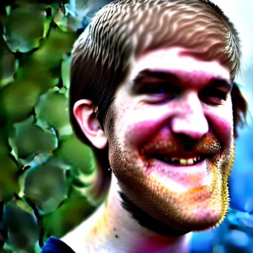 Image similar to bearded long - haired bo burnham outside of his house, smiling and dancing