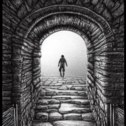 Image similar to pencil art, highly detailed, picture of hero walking on a path of a castle on a mountain