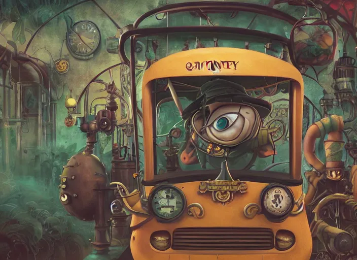 Image similar to matte sharp painting, close - up of a garden gnome driving a steampunk bus, juxtapoz, artforum, gary baseman, preston blair, tex avery, dan mumford, pedro correa
