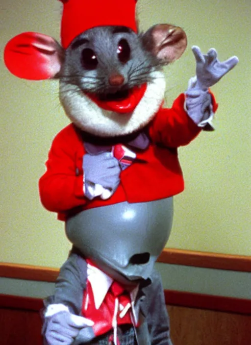 Image similar to Chuck E. Cheese mascot grainy 1990’s circus portrait of an anthropomorphic rat animatronic dressed like a clown, professional portrait HD, camera flash, mouse, Chuck E. Cheese head, authentic, mouse, costume weird creepy, off putting, nightmare fuel, Chuck E. Cheese