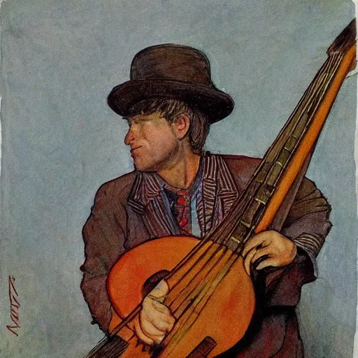 Prompt: a bass player in the style of carl larsson