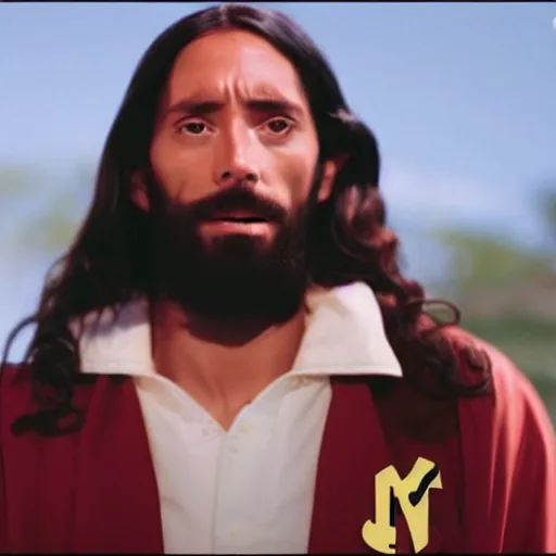 Prompt: jesus rapping in a music video, 4k upscale, MTV, 1990, bling bling, microphone