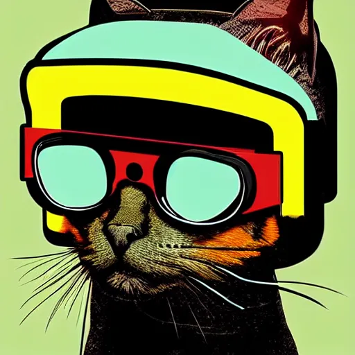 Prompt: illustration of cyberpunk cat in vr helmet, by andy warhol and by zac retz