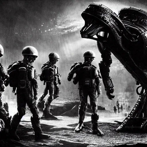 Image similar to soldiers exploring an alien world, 1 9 2 0's sci - fi, black and white, 8 k, highly ornate intricate details, extreme detail,