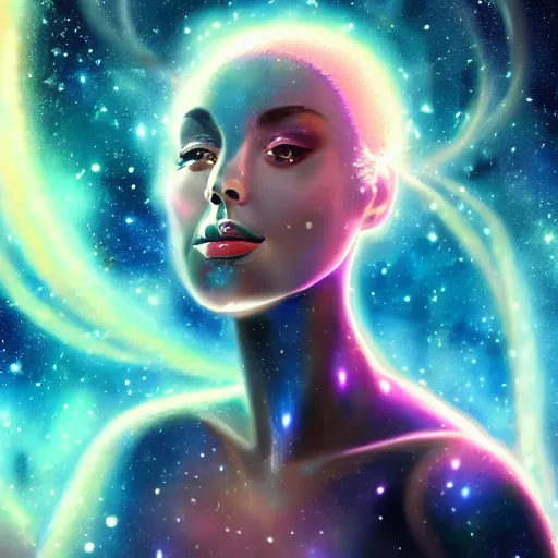 Prompt: a beautiful portrait of a galaxy goddess by Valls Dino, Trending on Artstation, nebula background