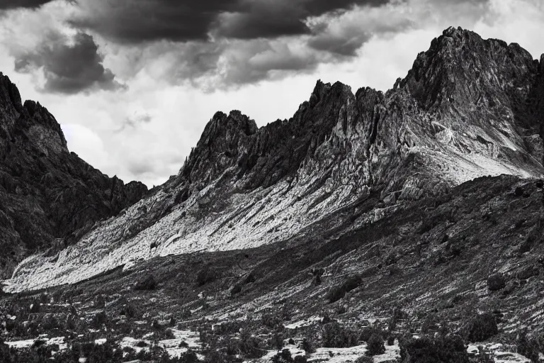 Prompt: small alien spaceship in the background, mountains, in the style of ansel adams, black and white, old, master photography by ansel adams