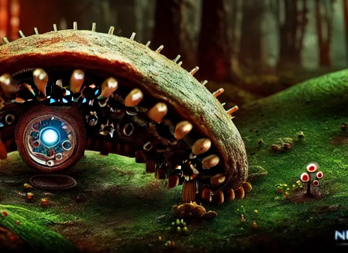 Image similar to 12mm intricate mechanical caterpillar with visible gears and electronics and optic Fibres sitting on top of a mushroom in a magical forest. Very detailed 8k. Fantasy cyberpunk horror. Sharp. Cinematic post-processing