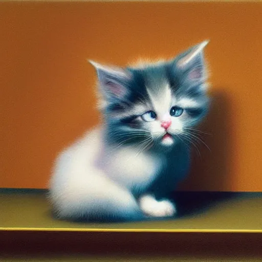 Image similar to hyper realistic cute [[[[fluffy]]]] calico kitten by Edward Hopper and James Gilleard, Zdzislaw Beksisnski, higly detailed