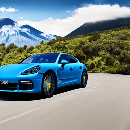 Prompt: a blue Porsche Panamera driving with a volcano on the view