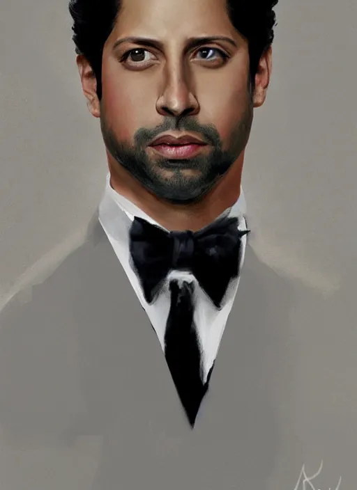 Prompt: a professional painting of Adam Rodriguez as a handsome young prince, wearing an high fashion paper tuxedo, intricate, elegant, digital painting, concept art, smooth, sharp focus, illustration, from Metal Gear, by Ruan Jia and Mandy Jurgens and Artgerm and William-Adolphe Bouguereau