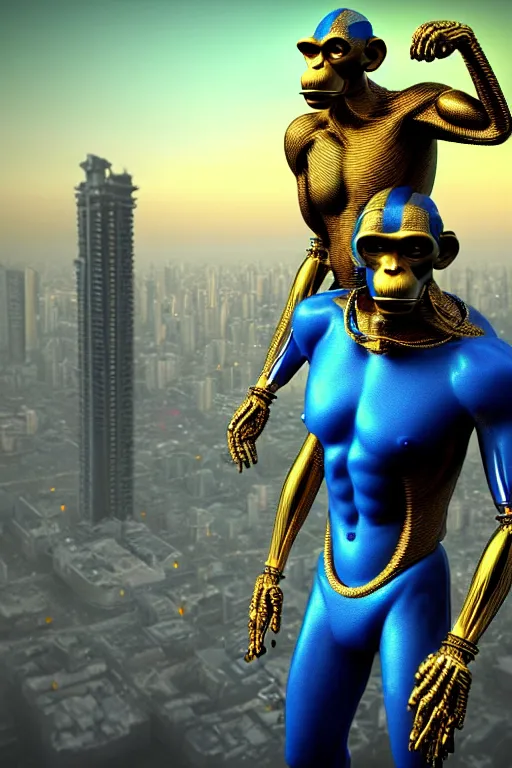 Image similar to high quality 3 d render ultra realistic mischievous cyborg muscular man monkey blue hybrid sitting, gold madhubani, highly detailed, cyberpunk!! mumbai in the background, unreal engine cinematic smooth, szukalski & blade runner, moody light, low angle, uhd 8 k, sharp focus