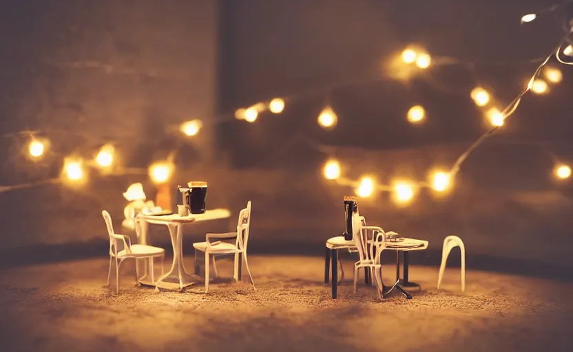 Image similar to mini cafe diorama macro photography, cafe for tiny animals, ambient, atmospheric photograph, string lights, romantic