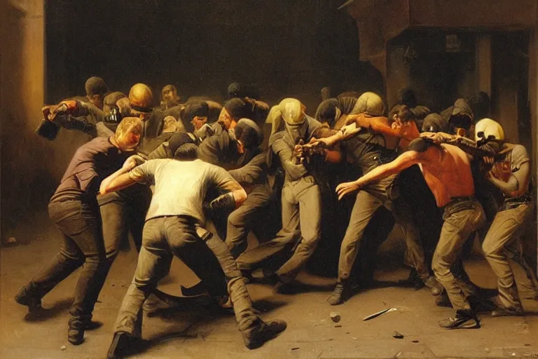 Prompt: gang members and in a brawl with knifes and guns in a dark alley in the style of jean - leon gerome