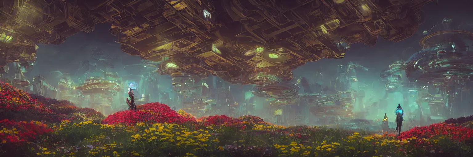 Image similar to beautiful low angle painting of an alien world with sleek architecture, steampunk, ground made of multicolour flowers, neon lights, a tiny girl watching on, in the style of shaun tan, elegant, highly detailed, digital painting, artstation, cinematic lighting, glowing light and shadows, trending on artstation, octane render