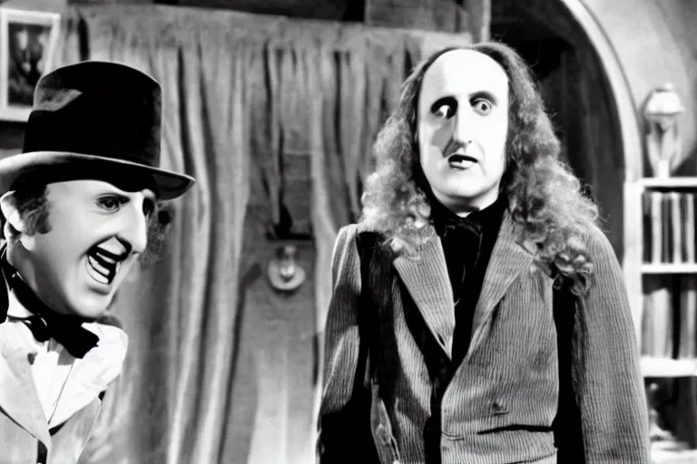 Image similar to still of the movie the young Frankenstein with weird al Yankovic, cinematic, cinemascope,