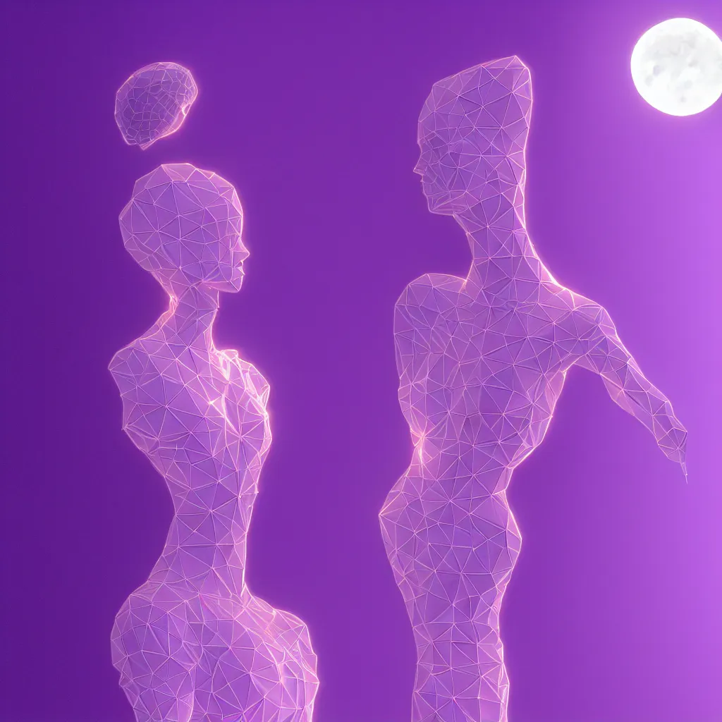 Image similar to beautiful mannequin sculpted out of amethyst by billelis + lit with 3 d geometric neon + facing a doorway opening with neon pink geometric fractal light + flowering hosta plants!!!, moon in background!, rule of thirds, clean linework, dramatic, award winning, 4 k, trending on artstation, photorealistic, volumetric lighting, octane render