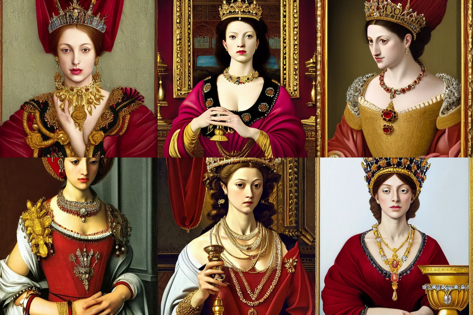 Prompt: A extremely highly detailed majestic hi-res beautiful painting of a beautiful woman wearing a long royal red silk dress, the crown jewels is on her head and she is holding a golden goblet and around her neck is a ornate golden necklace decorated with diamonds and rupees by Michelangelo Merisi da Caravaggio, high detail, hyperrealistic, photorealistic, octante render, cinematic, high textures, hyper sharp, 4k insanely detailed and intricate, hypermaximalist, 8k, hyper realistic, super detailed, 4k HDR hyper realistic high,