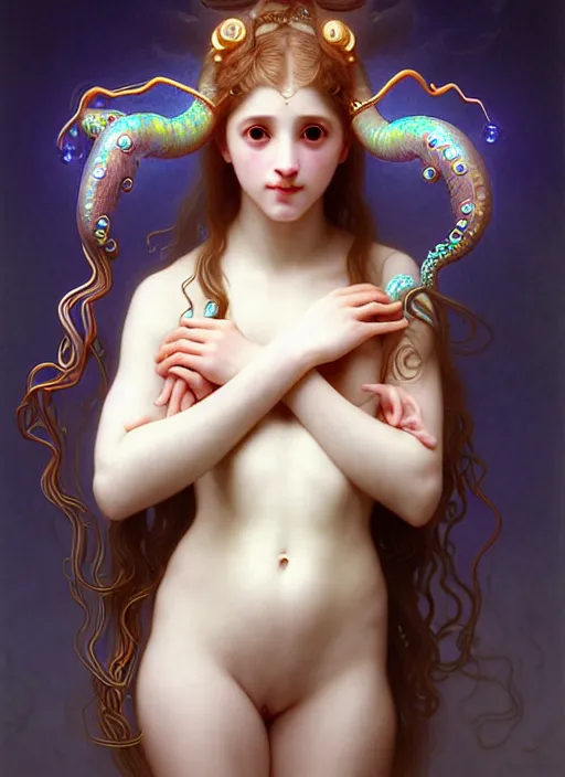 Image similar to A full shot of a cute magical monster girl wearing a dress made of opals and tentacles. Subsurface Scattering. Caustics. Prismatic light. defined facial features, symmetrical facial features. Opalescent surface. Soft Lighting. beautiful lighting. By Giger and Ruan Jia and Artgerm and WLOP and William-Adolphe Bouguereau and Loish and Lisa Frank. trending on artstation, featured on pixiv, award winning, sharp, details, intricate details, realistic, Hyper-detailed, HD, HDR, 4K, 8K.