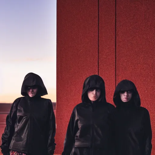 Prompt: photograph of 2 women wearing black techwear in front of a brutalist sharp - edged metal building, on a desolate plain, red eerie sky, sigma 8 5 mm f / 1. 4, 4 k, depth of field, high resolution, 4 k, 8 k, hd, full color