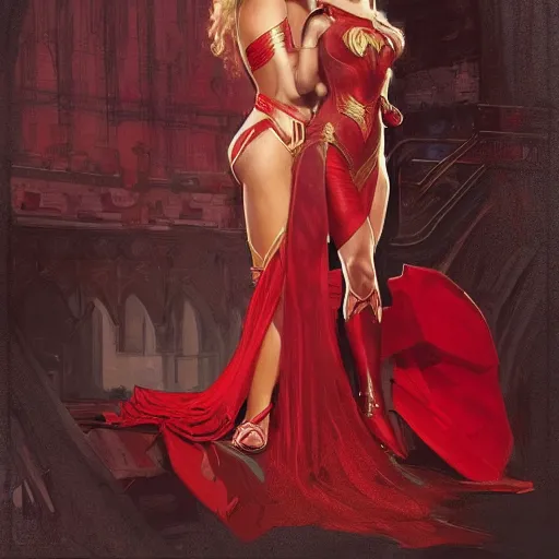 Image similar to lindsey pelas and gal gadot wearing a red kebaya, digital painting, artstation, concept art, sharp focus, illustration, art by artgerm and greg rutkowski and alphonse mucha