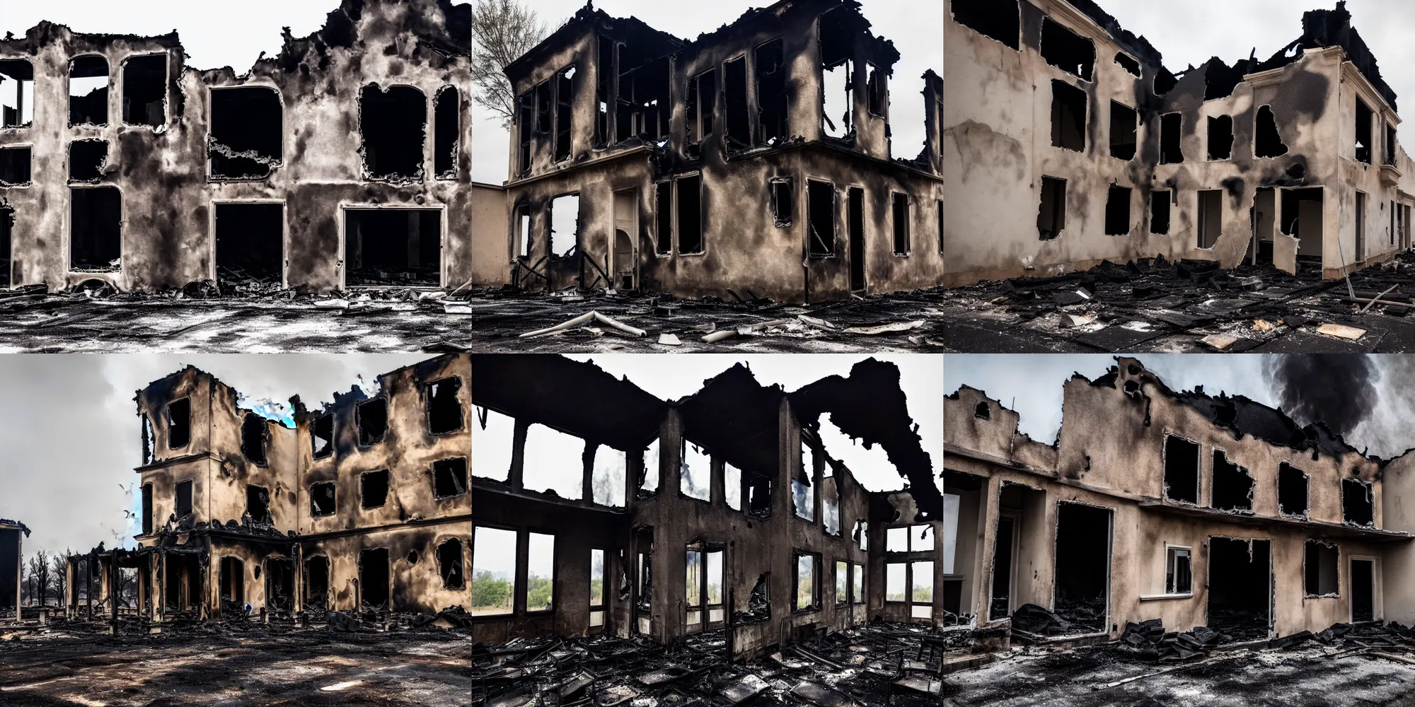 Prompt: old building, half of it is destroyed and burnt!, no fire, no smoke, black burnt ruins, photography, realism, dslr photo, 8 k, journalism