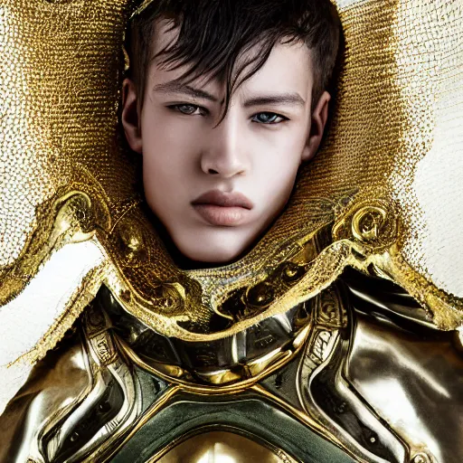 Prompt: a portrait of a beautiful young male wearing an alexander mcqueen armor made of liquid petrol , photographed by andrew thomas huang, artistic