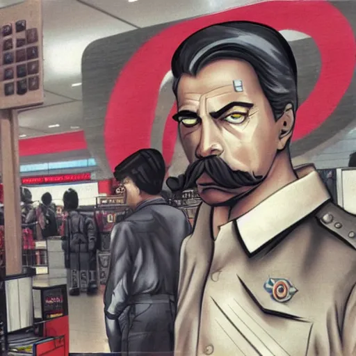 Prompt: Joseph Stalin reincarnated in a Target store from the 90s trending on pixiv, cyberpunk