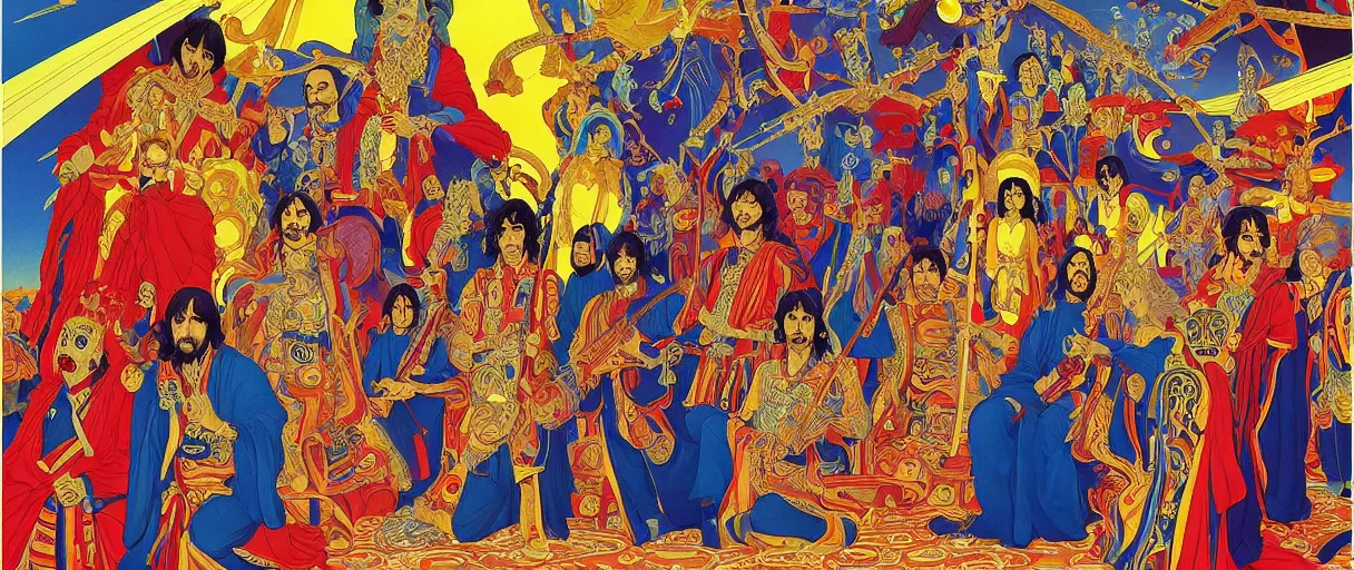 Prompt: a breath - taking jean giraud work of art of the beatles in the style of a renaissance masters portrait, mystical and new age symbolism and tibetan book of the dead imagery, intricately detailed, 4 k