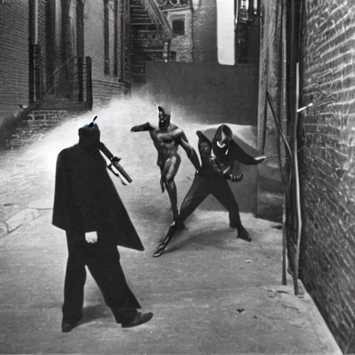 Image similar to old black and white photo, 1 9 2 5, depicting batman fighting a gangster in an alley of new york city, tommy gun, rule of thirds, historical record