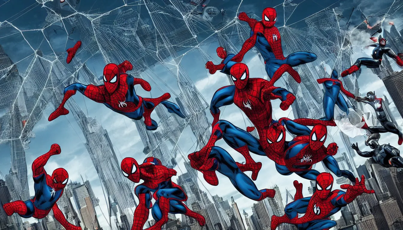 Image similar to a wide angle action shot of avengers defending brooklyn bridge from alien invasion, spider-man swinging on a web in the background, in the style of marvel comics, graphic novel