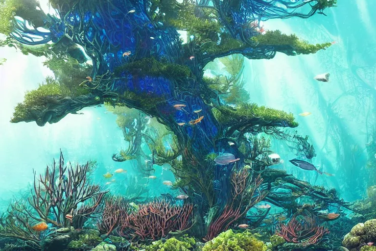 Prompt: Fantastical underwater forest by Eywind Earle and Moebius, trending on artstation